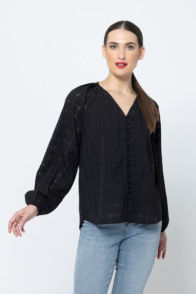 Seeking Lola Sheer Black Check Santorini Top-shop-by-label-Hello Cyril.