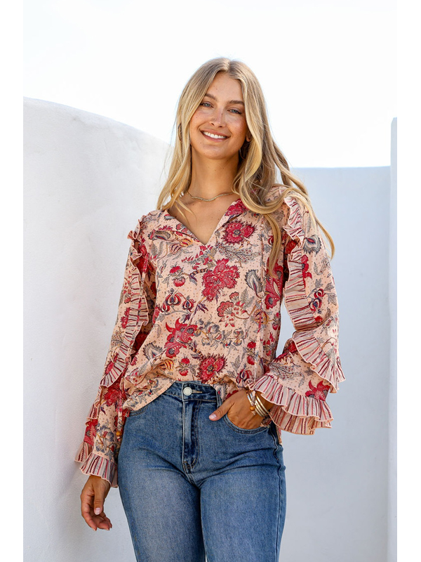 Joop + Gypsy Floral Print Ruffle Trim Top