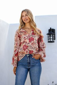 Joop + Gypsy Floral Print Ruffle Trim Top