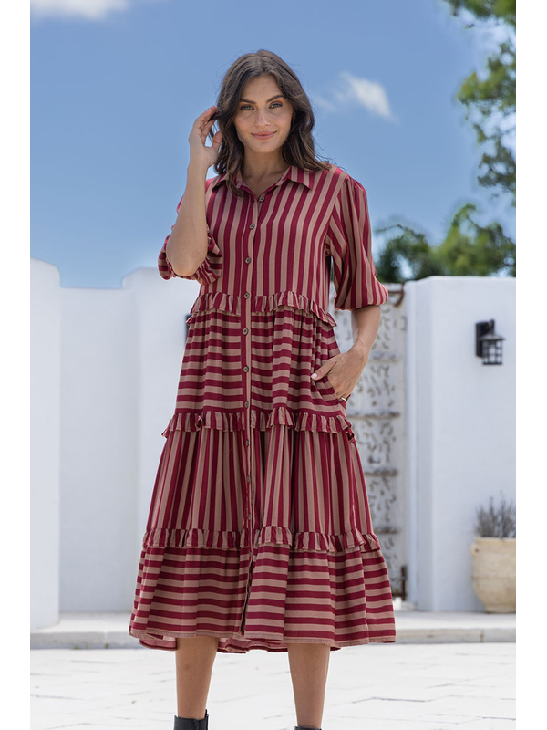 Joop & Gypsy Stripe Ruffle Trim Midi Dress