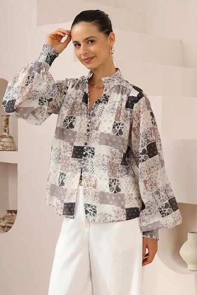 Iris Maxi Bandana Patchwork Ballon Sleeve Blouse-hc-new-Hello Cyril.