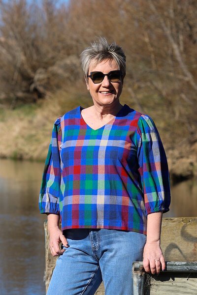 Memo Check Volume Sleeve V Neck Top-lives-Hello Cyril.