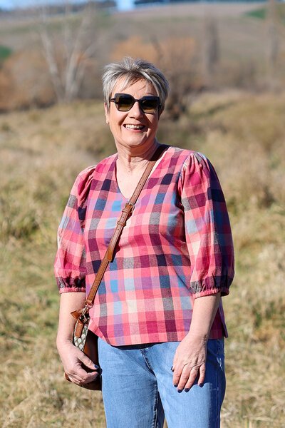 Memo Check Volume Sleeve V Neck Top-lives-Hello Cyril.