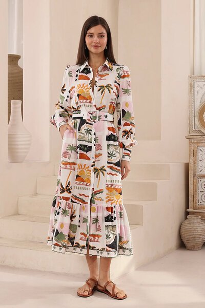 Iris Maxi Palm Tree Belted Shirt Dress-hc-new-Hello Cyril.