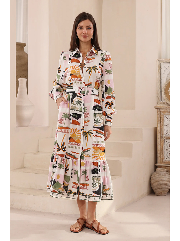 Iris Maxi Palm Tree Belted Shirt Dress