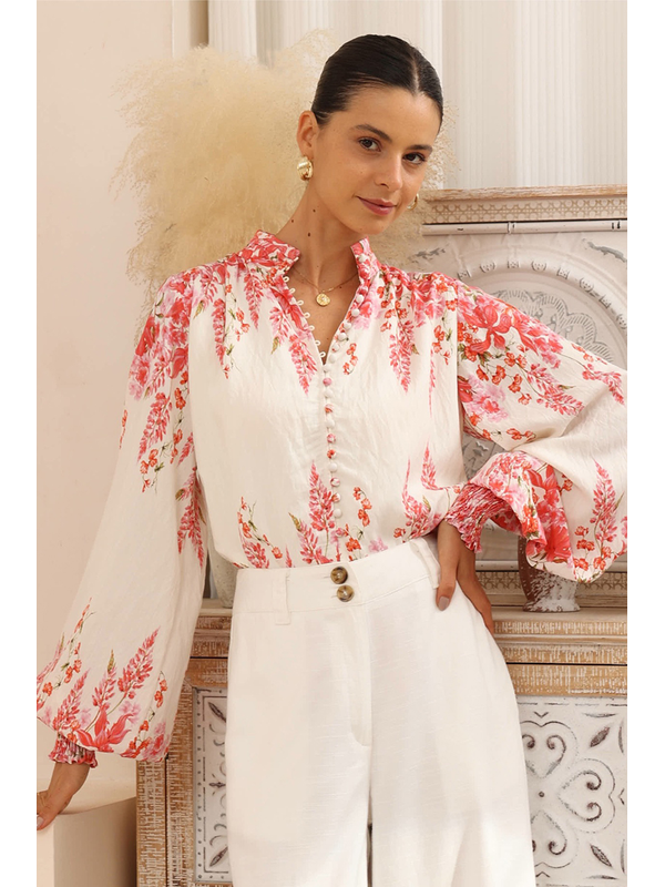 Iris Maxi Floral Border Balloon Sleeve Top