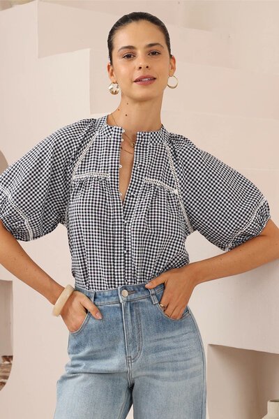 Iris Maxi Gingham Lace Trim Blouse-hc-new-Hello Cyril.
