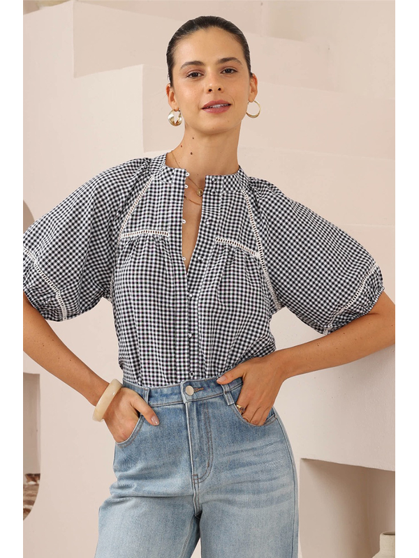 Iris Maxi Gingham Lace Trim Blouse