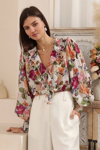 Iris Maxi Painterly Floral Long Sleeve Frill Blouse-hc-new-Hello Cyril.