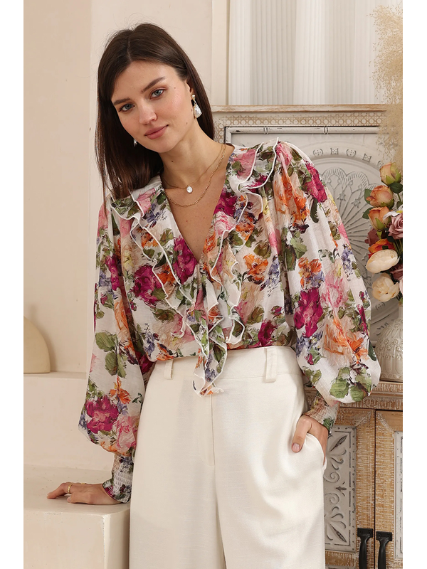 Iris Maxi Painterly Floral Long Sleeve Frill Blouse