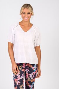 Vassalli V Neck Top With Floaty Sleeve - White Check