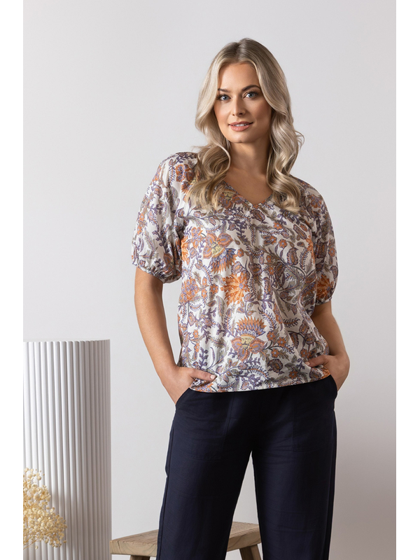 Vassalli V Neck Top With Floaty Sleeve - Tuscany