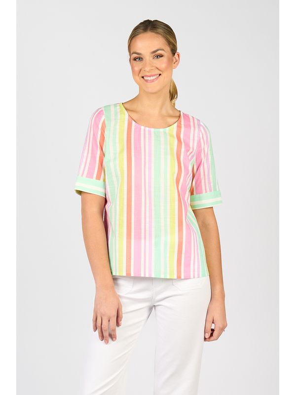 Vassalli Round Neck Elbow Sleeve Top - Cabana