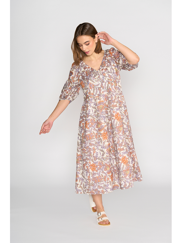 Vassalli V Neck Pleat Sleeve Detail Dress - Tuscany