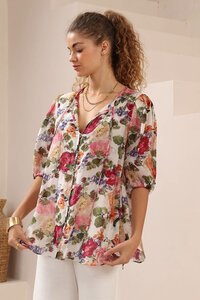 Iris Maxi Painterly Floral Relaxed Button Front Blouse