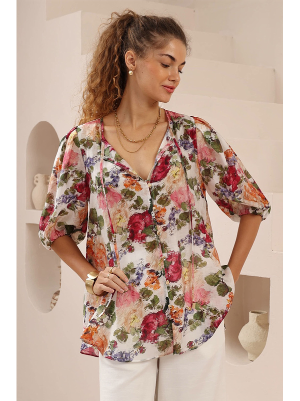 Iris Maxi Painterly Floral Relaxed Button Front Blouse