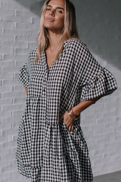 Miracle Gingham Uneven Button Dress-hc-new-Hello Cyril.