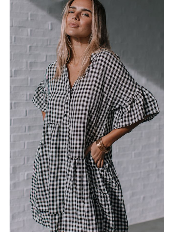 Miracle Gingham Uneven Button Dress