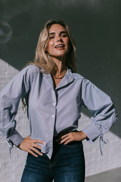 White Poetry Drawstring Sleeve Stripe Shirt-hc-new-Hello Cyril.