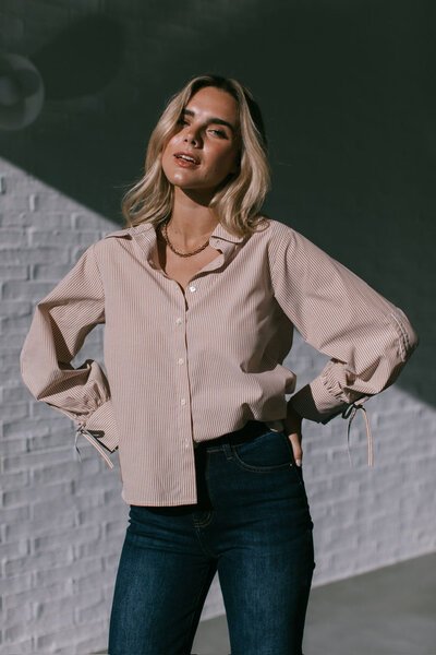 White Poetry Drawstring Sleeve Stripe Shirt-hc-new-Hello Cyril.