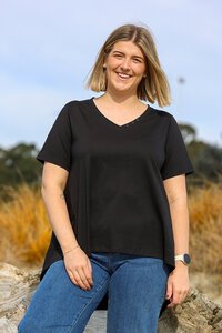 White On Black Long Waterfall V-Neck Top