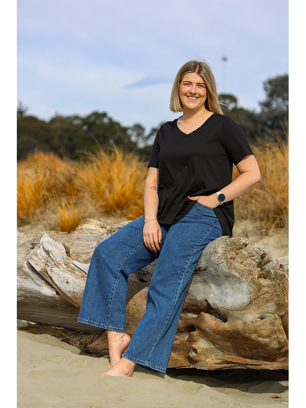 White On Black Long Waterfall V-Neck Top
