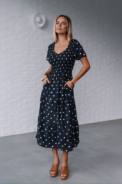 Grace & Co Shirred Body Polka Dot Midi Dress-hc-new-Hello Cyril.