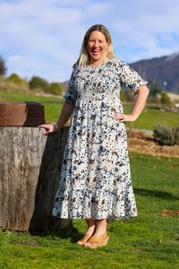 Foil Midi Shirred Bodice Dress