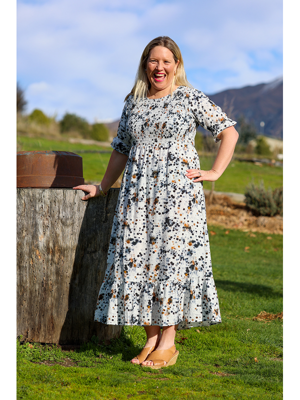 Foil Midi Shirred Bodice Dress