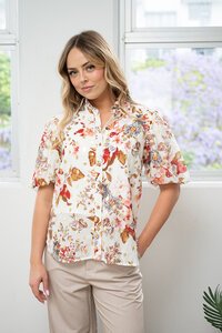 Fria The Label Red Flower Balloon Sleeve Blouse