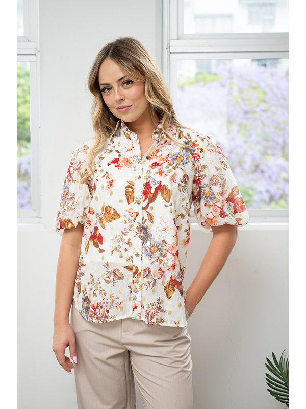 Fria The Label Red Flower Balloon Sleeve Blouse