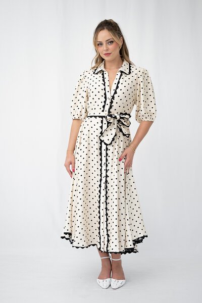Fria The Label Polka Dot Godet Midi Dress-shop-by-label-Hello Cyril.