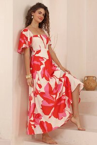 Iris Maxi Stylised Hibiscus Flutter Dress
