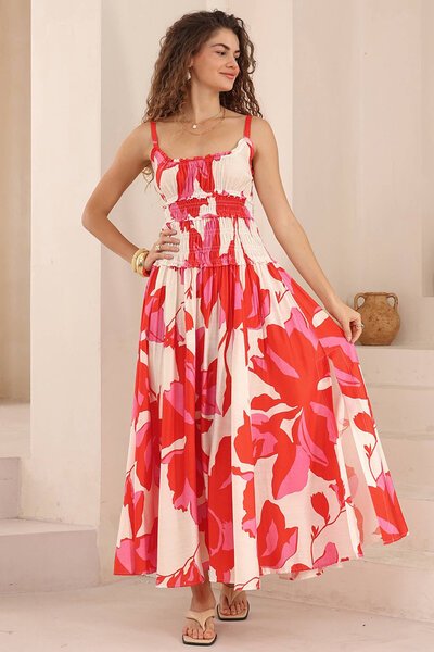 Iris Maxi Stylised Hibiscus Shirred Dress-hc-new-Hello Cyril.