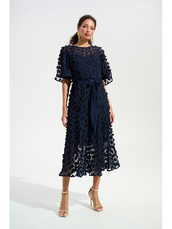Joseph Ribkoff 3D Embroidered Belted Chiffon Dress 