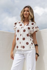 White Poetry Polka Dot Ruffle Shoulder Top