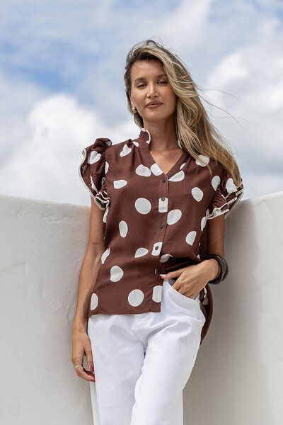 White Poetry Polka Dot Ruffle Shoulder Top-hc-new-Hello Cyril.