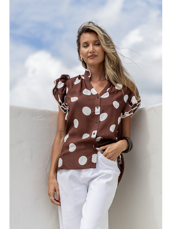 White Poetry Polka Dot Ruffle Shoulder Top