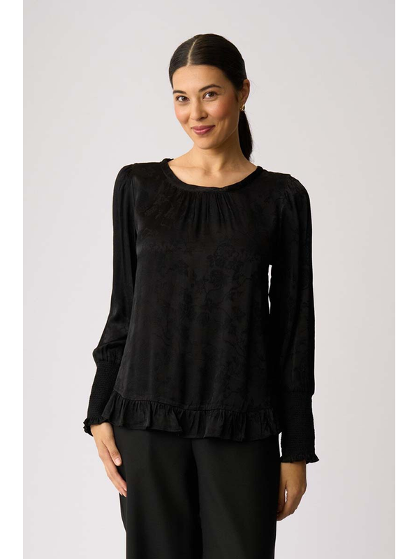 Oh Three Shirred Cuff Scoop Hem Top