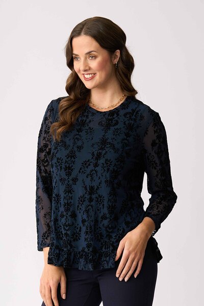 Foil Flocked Ruffle Hem Top-4.3.26-Hello Cyril.