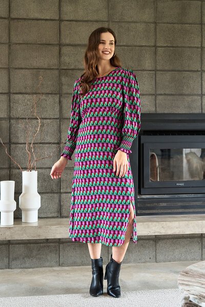 Foil Curved and Shirred Dress-shop-by-style-Hello Cyril.