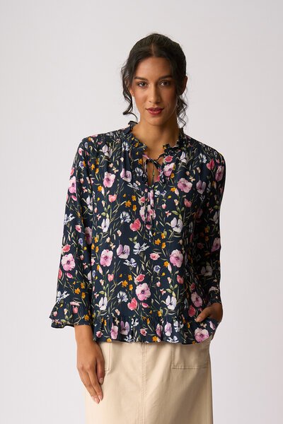 Foil Ruffle Neck Scoop Hem Top-shop-by-style-Hello Cyril.