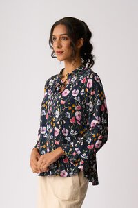 Foil Ruffle Neck Scoop Hem Top