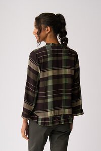 Foil Ruffle Neck Scoop Hem Top