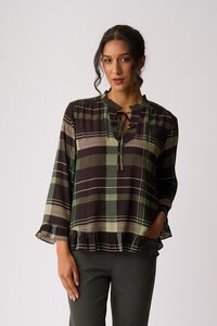 Foil Ruffle Neck Scoop Hem Top