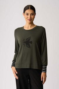 Foil Bird With Twig Stripe Cuff Top