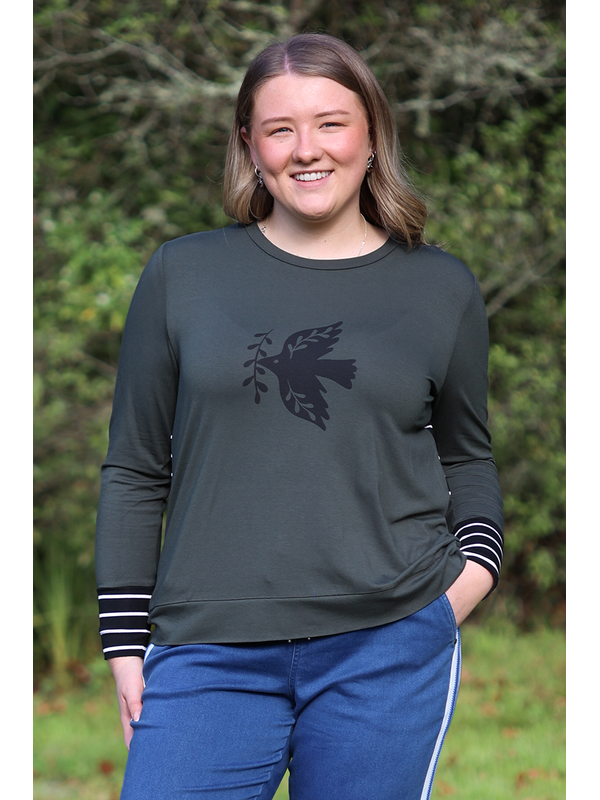 Foil Bird With Twig Stripe Cuff Top