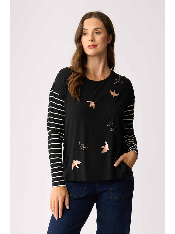 Foil Metallic Birds Drop Shoulder Top