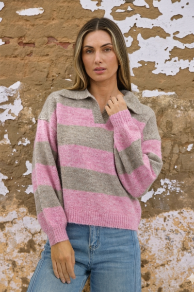 Worthier Mara Stripe Polo Knit-shop-by-label-Hello Cyril.