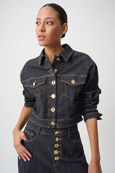 Joseph Ribkoff Statement Button Cropped Denim Jacket-shop-by-label-Hello Cyril.